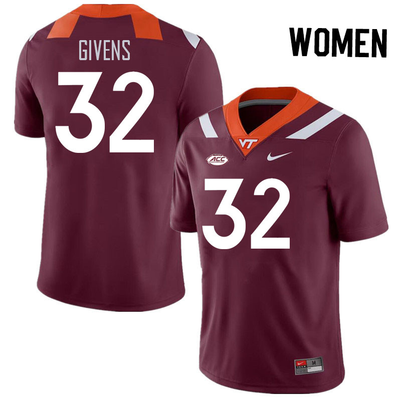 Women #32 Gunner Givens Virginia Tech Hokies College Football Jerseys Stitched Sale-Maroon